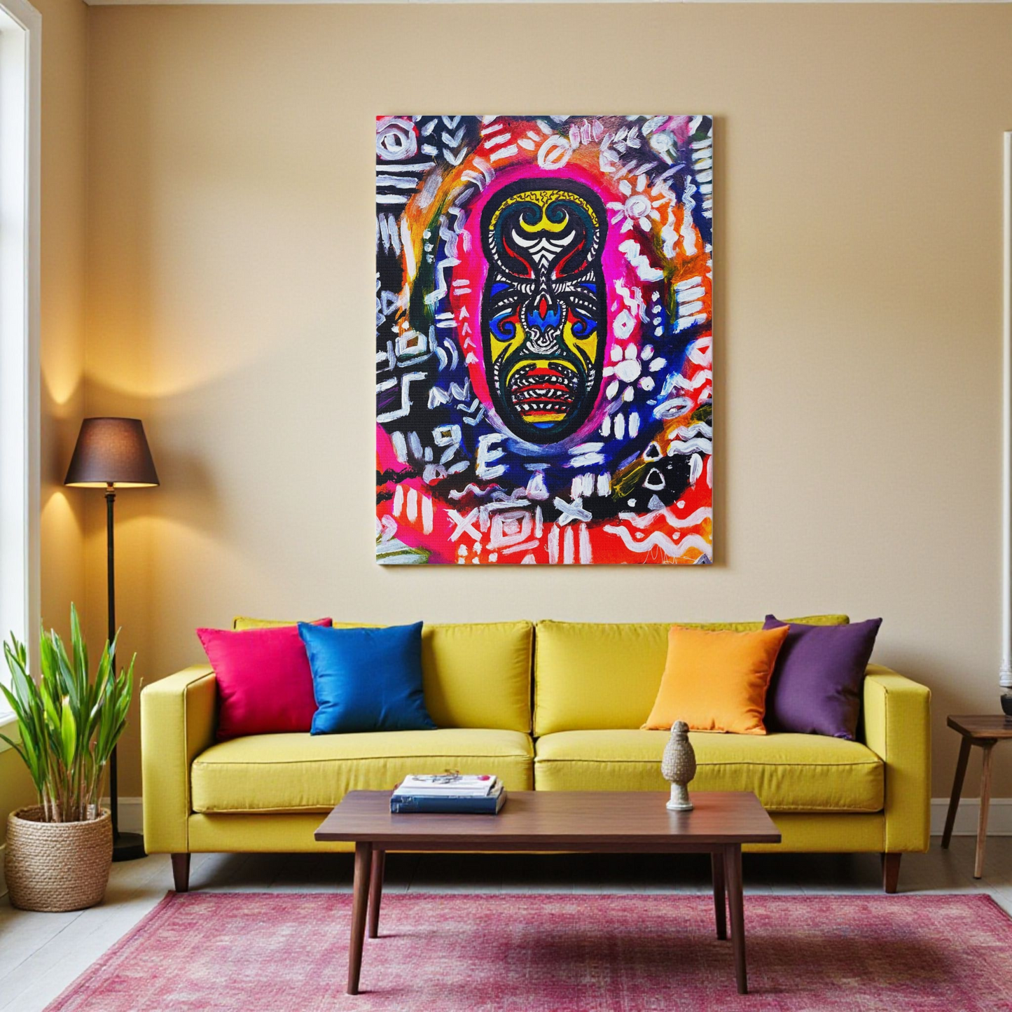 Artisan Tribal Mask Painting on Matte Stretched Canvas, Eco-Friendly Wall Art for Home Decor