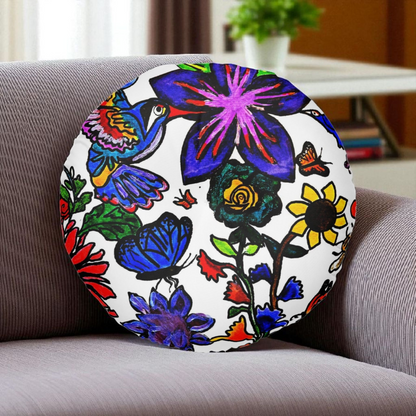 Colorful Round Tufted Floor Pillow with Hand Drawn Botanicals- Soft Accent Piece