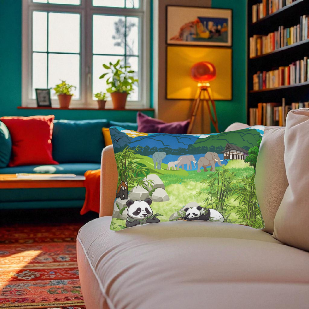 Cozy Wildlife Lumbar Pillow - Nature-Inspired Panda & Elephant Design Printify