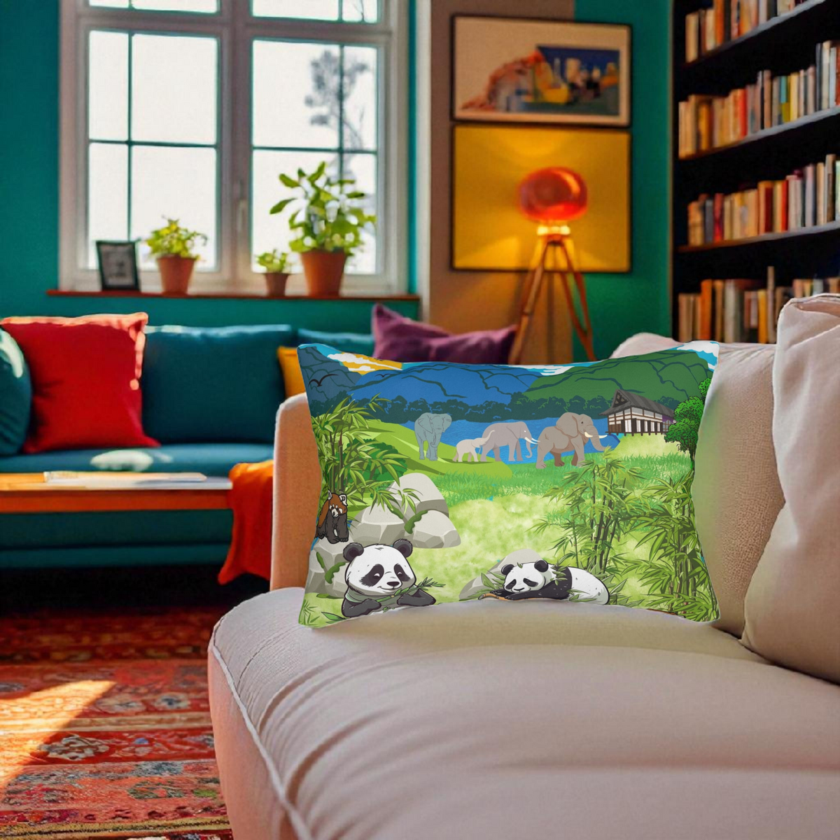 Cozy Wildlife Lumbar Pillow - Nature-Inspired Panda & Elephant Design Printify