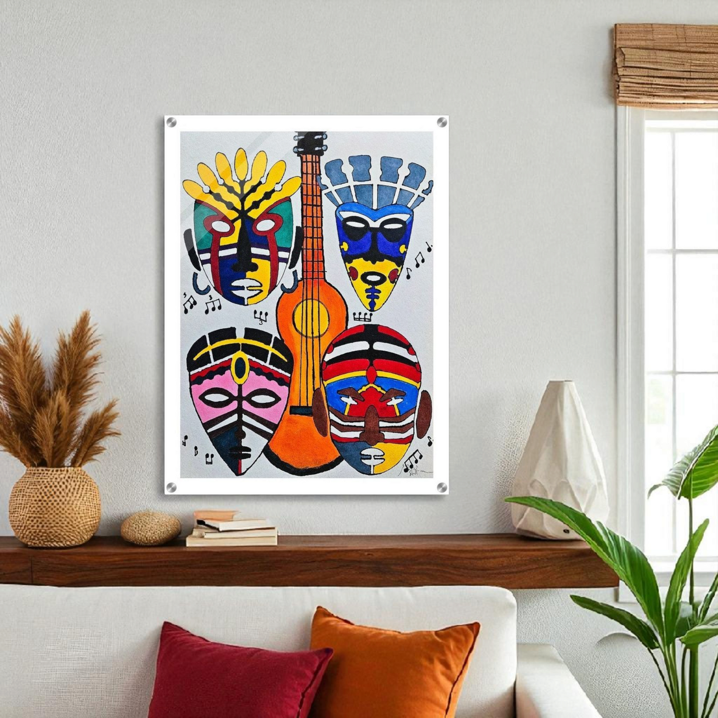 Original Singing Tribal Mask Acrylic Print, Handcrafted Artisanal Decor