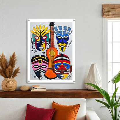 Original Singing Tribal Mask Acrylic Print, Handcrafted Artisanal Decor