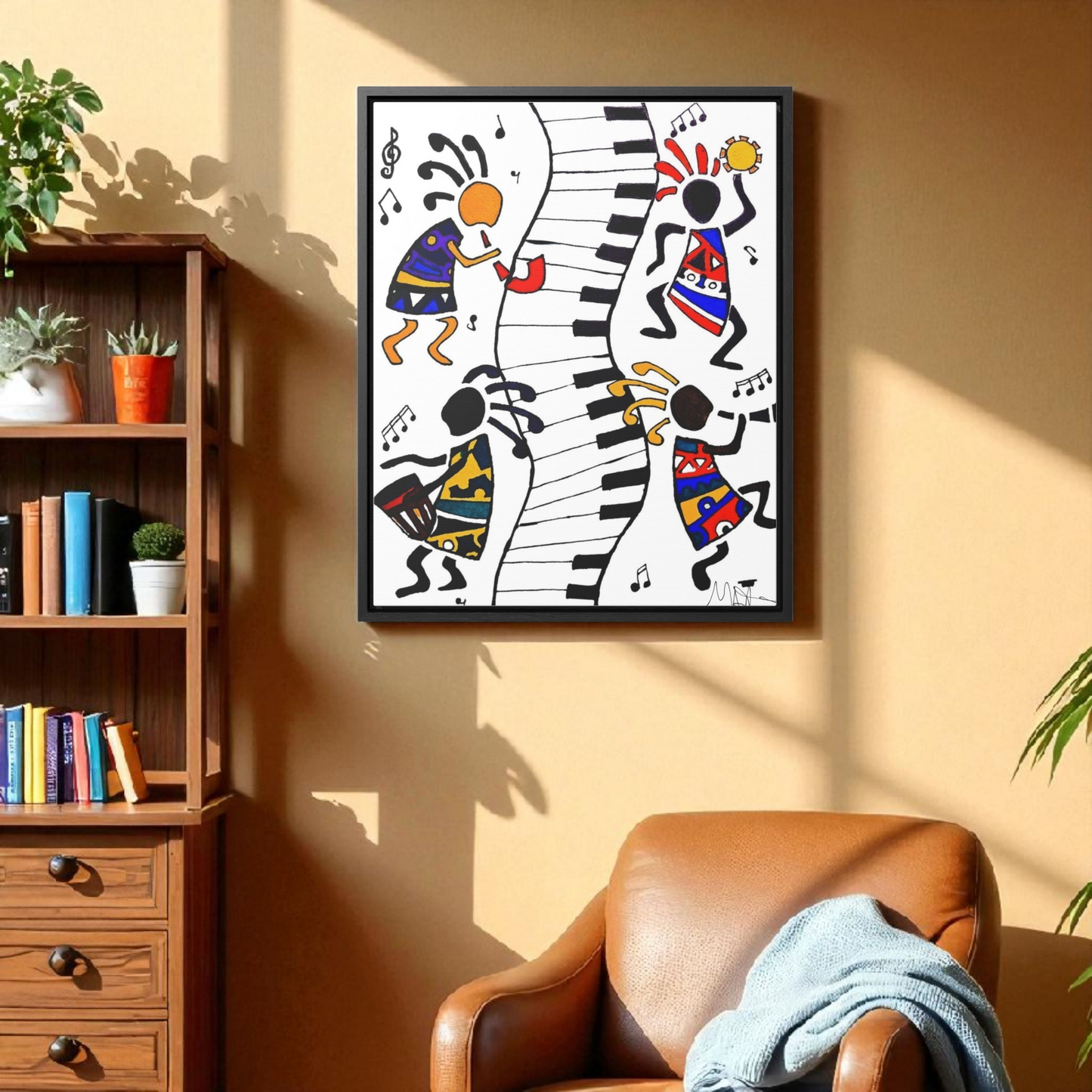Tribal Music Wall Art, Original Hand Drawn Piece, Cultural Home Decor, Vertical Frame