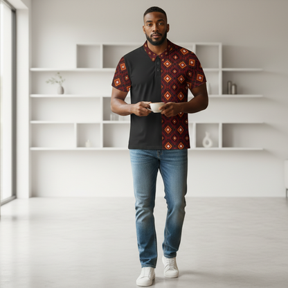 Patterned Polo Shirt — Red Geometric Diamond Print