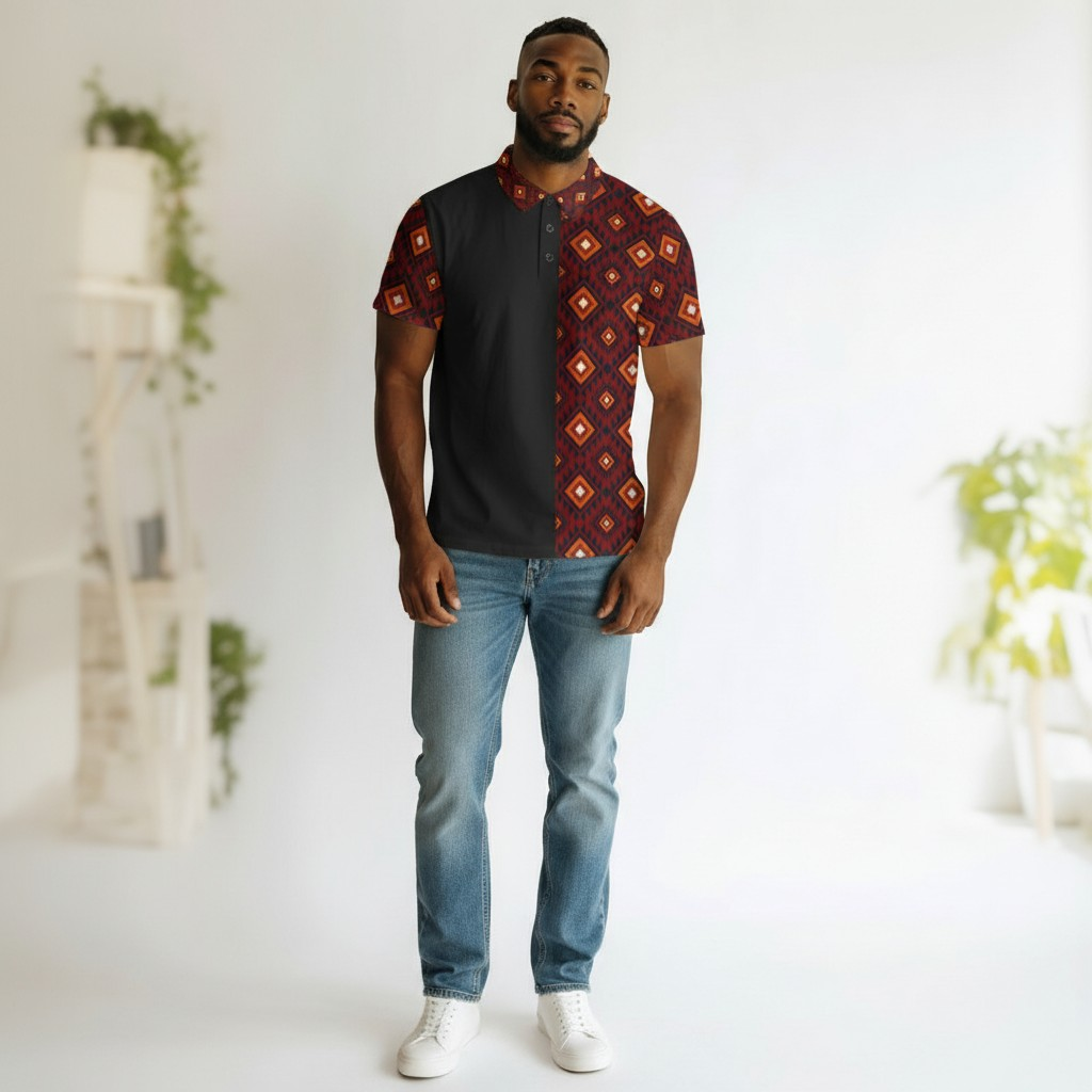 Patterned Polo Shirt — Red Geometric Diamond Print