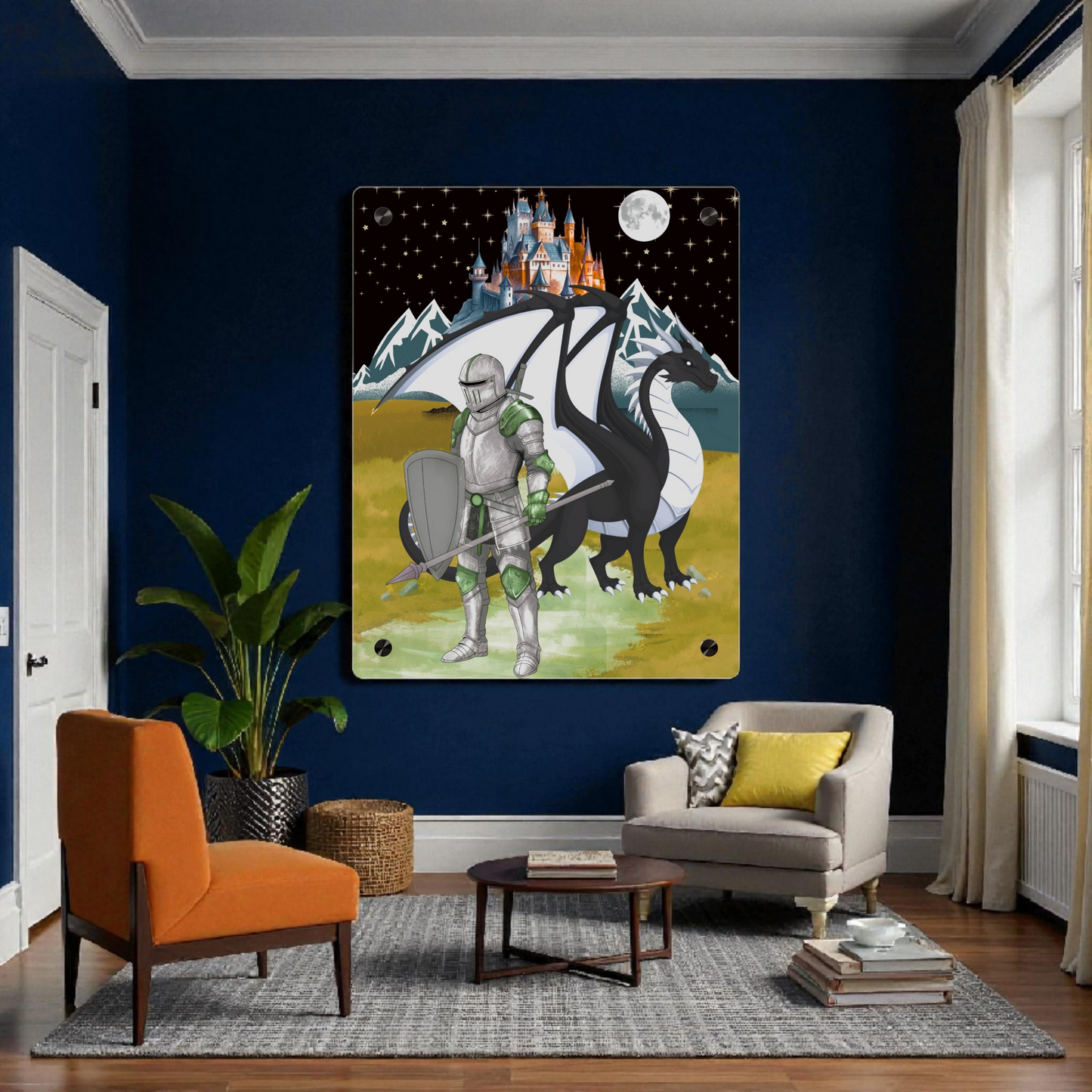 Knight and Dragon Acrylic Wall Art Panel — Fantasy Castle Nightscape Décor