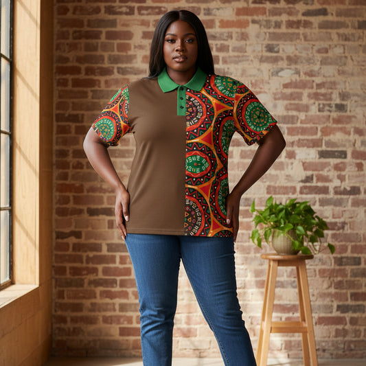 African-Inspired Half-Print Polo Shirt — Bold Tribal Mandala Design