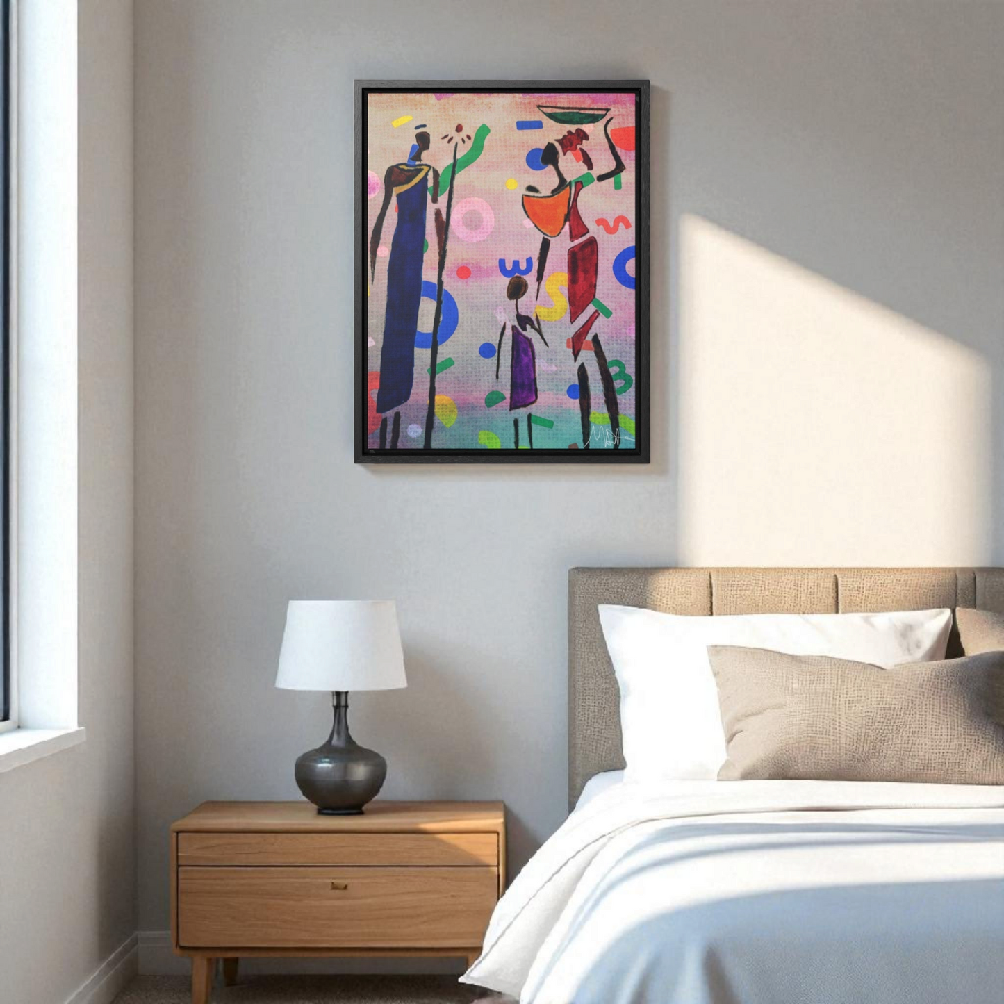 Tribal African Family Sketch - Handcrafted Wall Art, Authentic Home Decoration, Vertical Frame