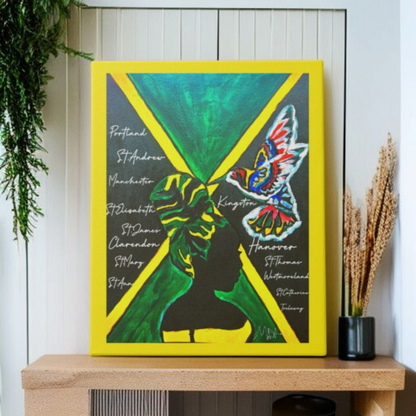 Vivid Hand Drawn Jamaican Woman Portrait, Patriotic Home Decor in Flag Colors