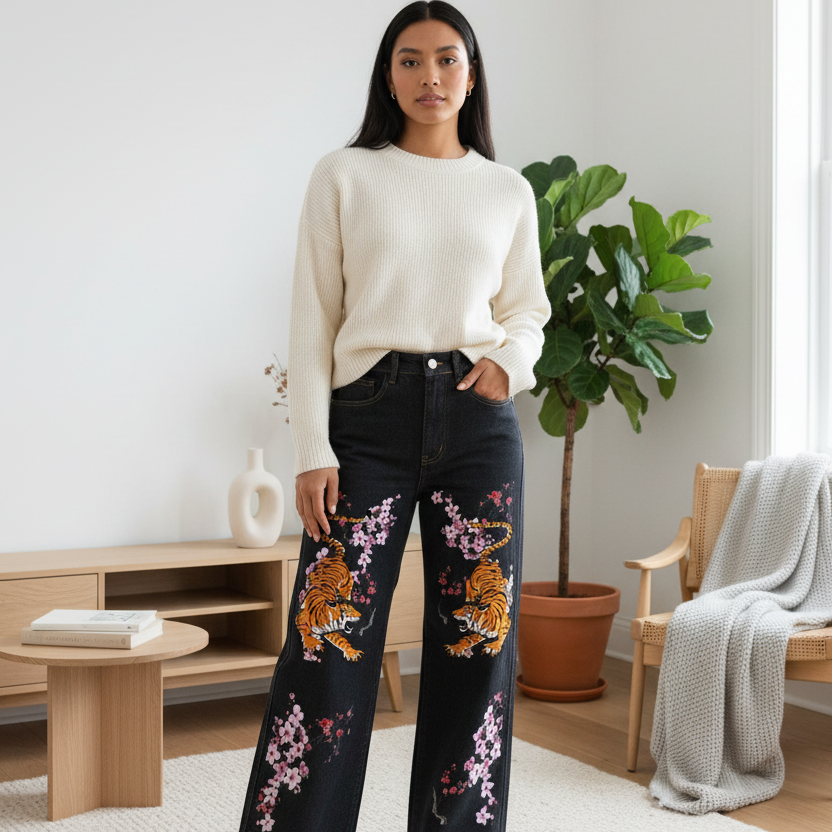 Colorful Tiger Art Graphic Women's Straight-Leg Denim Jeans