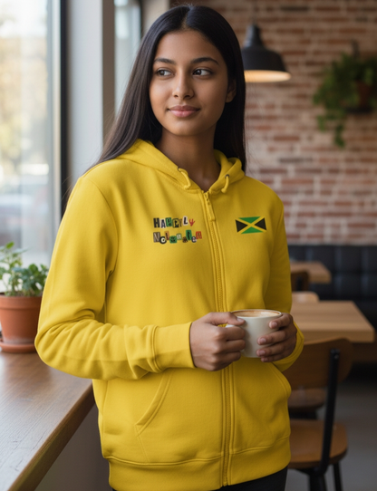 Illustrated Jamaican Woman Ethnic Streetwear Full Zip Hoodie, Jamaican Flag Colors