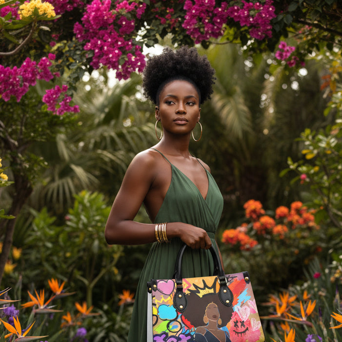 Graffiti Style Afro Art Themed Women's Tote Bag With Black Handle