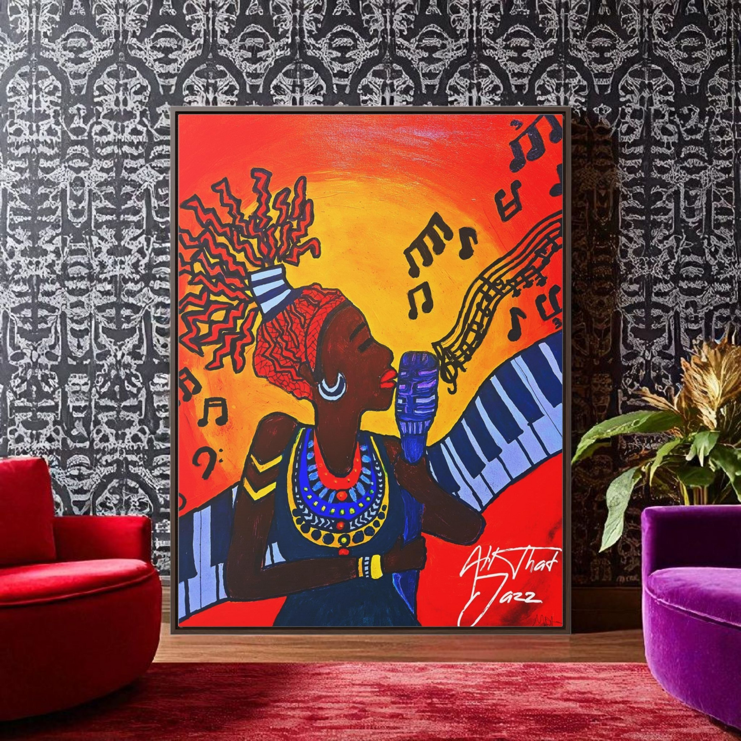 Original Painting, Afro Music Art Gallery Canvas, Jazz Singer Painting Vertical Frame, Black History Decor, Musician Portrait