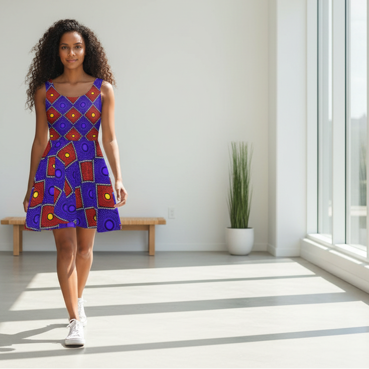 African Wax Print Skater Dress — Bold Purple & Red Geometric Pattern Printify