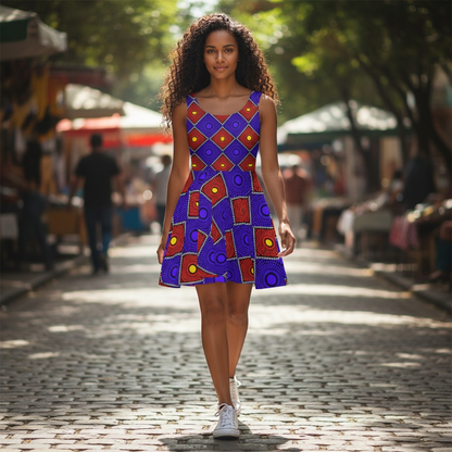 African Wax Print Skater Dress — Bold Purple & Red Geometric Pattern