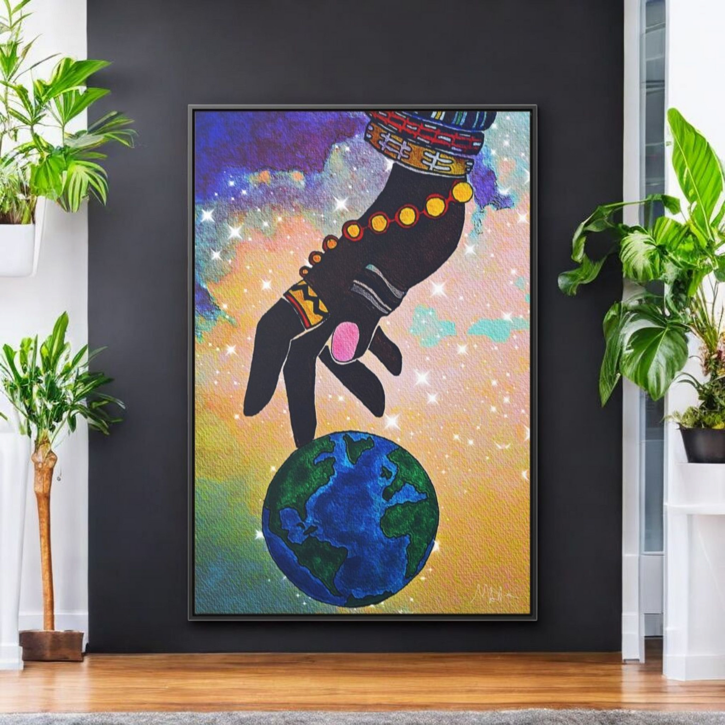 Cosmic Ethnic Wall Art - Handcrafted Astronomical Painting, Unique Space-Themed Decor, Vertica Frame
