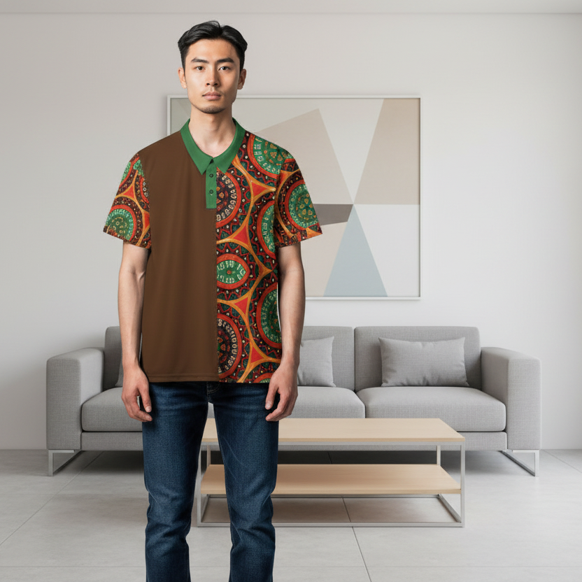 African-Inspired Half-Print Polo Shirt — Bold Tribal Mandala Design