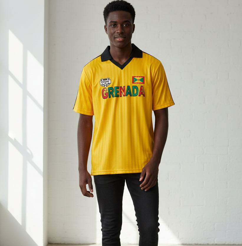 Grenada Flag Themed Graphic Collar Striped Soccer Jersey