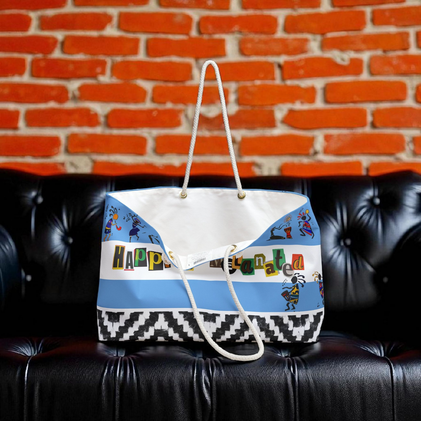 Handcrafted Ethnic Music Art Weekender Bag - Oversized, Durable Tote with Rope Handles