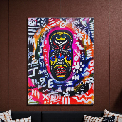 Artisan Tribal Mask Painting on Matte Stretched Canvas, Eco-Friendly Wall Art for Home Decor