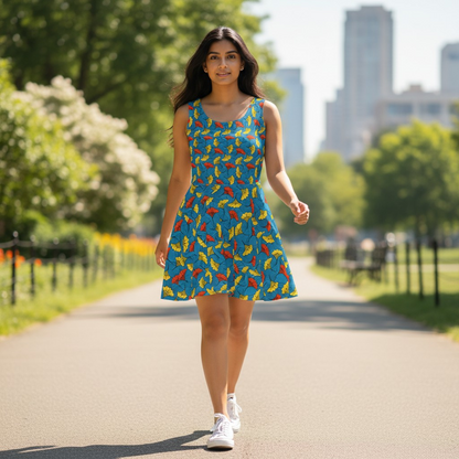 Tropical Leaf Skater Dress — Bright Blue All-Over Print Women's Dress