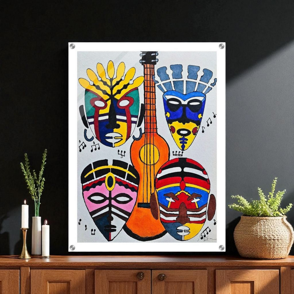 Handcrafted Artisanal Decor: Original Singing Tribal Masks Acrylic Artwork Gelato