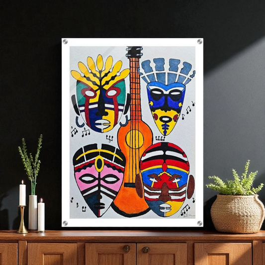Original Singing Tribal Mask Acrylic Print, Handcrafted Artisanal Decor