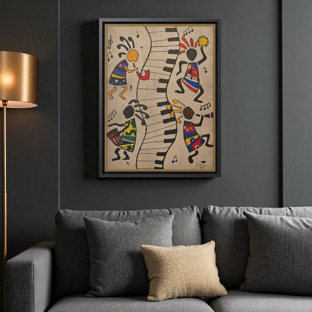 Handcrafted Tribal Music Artwork, Original Pen and Ink Drawing, Statement Wall Piece for Music Rooms Printify