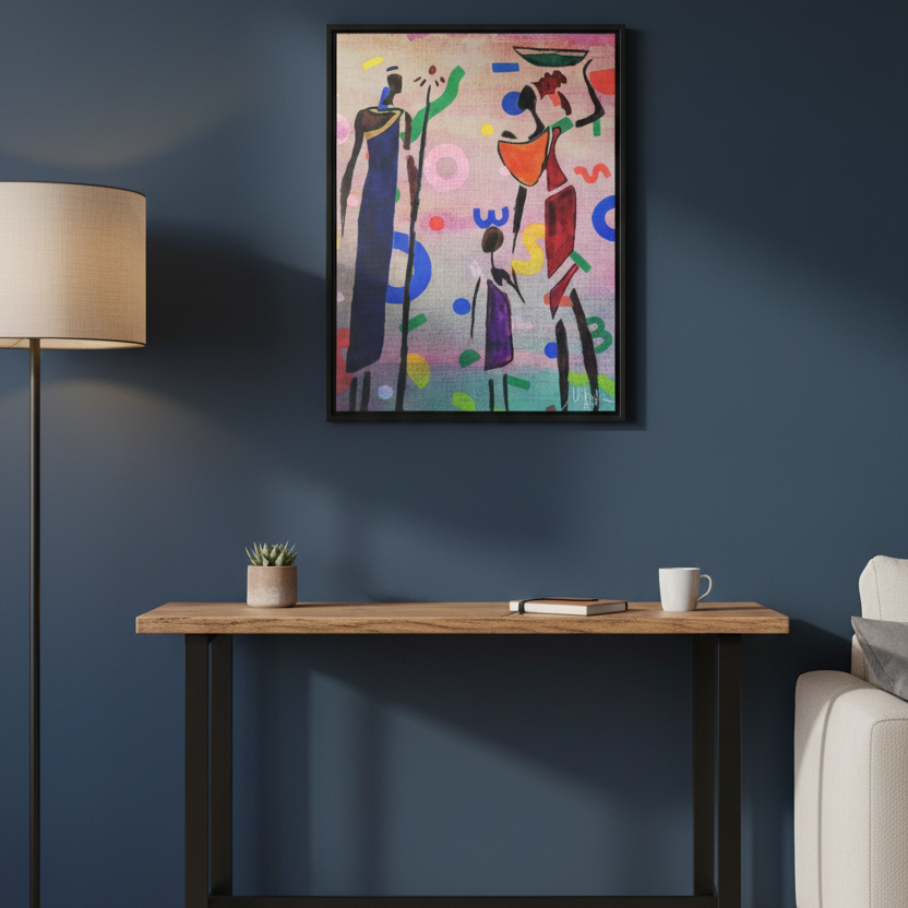 Tribal African Family Sketch - Handcrafted Wall Art, Authentic Home Decoration, Vertical Frame Printify