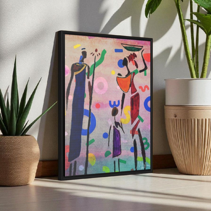 Tribal African Family Sketch - Handcrafted Wall Art, Authentic Home Decoration, Vertical Frame