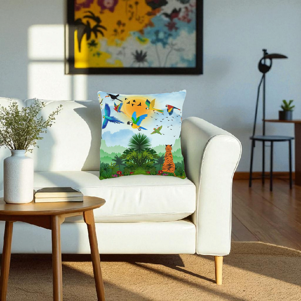 Tropical Jungle Square Pillow — Colorful Parrots & Tiger Decorative Throw Pillow Printify