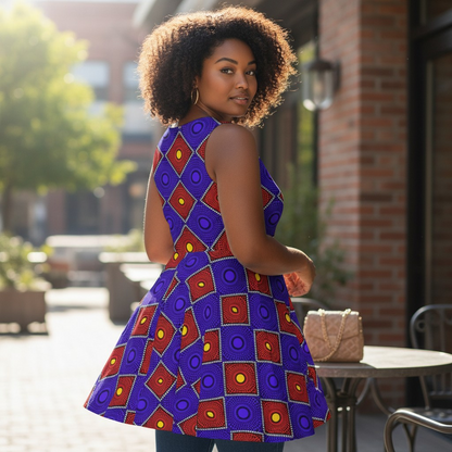 African Wax Print Skater Dress — Bold Purple & Red Geometric Pattern