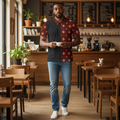 Patterned Polo Shirt — Red Geometric Diamond Print