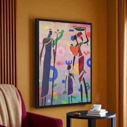 Tribal African Family Sketch - Handcrafted Wall Art, Authentic Home Decoration, Vertical Frame