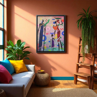Tribal African Family Sketch - Handcrafted Wall Art, Authentic Home Decoration, Vertical Frame