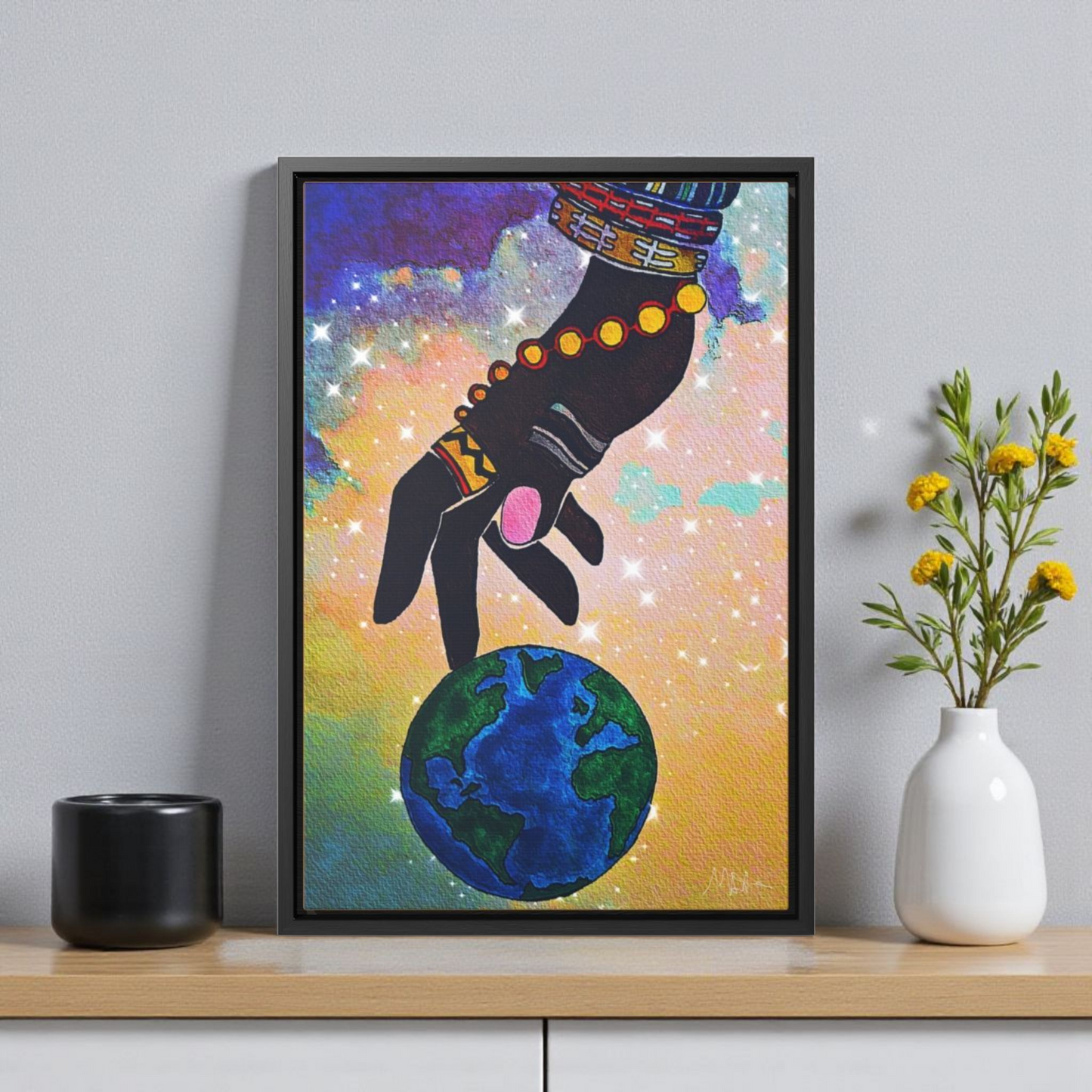 Cosmic Ethnic Wall Art - Handcrafted Astronomical Painting, Unique Space-Themed Decor, Vertica Frame