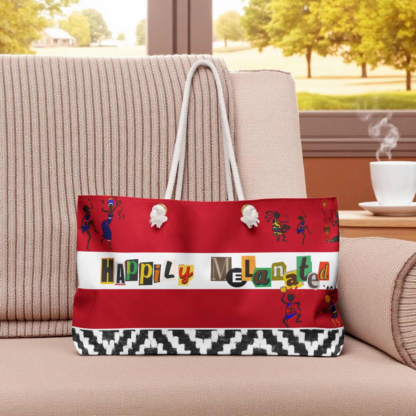 Handcrafted Ethnic Music Art Weekender Bag - Oversized, Durable Tote with Rope Handles