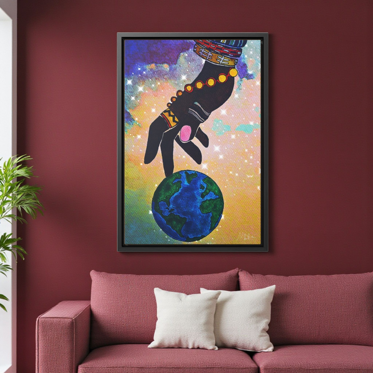 Cosmic Ethnic Wall Art - Handcrafted Astronomical Painting, Unique Space-Themed Decor, Vertica Frame
