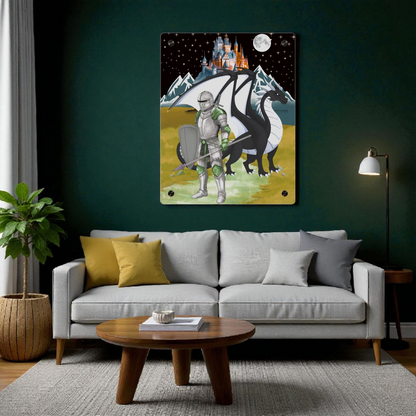 Knight and Dragon Acrylic Wall Art Panel — Fantasy Castle Nightscape Décor