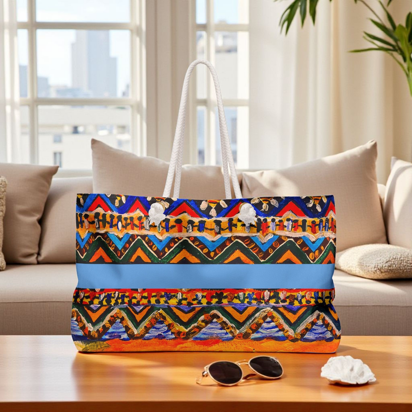 Artisanal Aztec Weekender Tote - Large, Sturdy Beach Bag with Thick Rope Handles