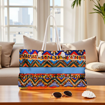 Artisanal Aztec Weekender Tote - Large, Sturdy Beach Bag with Thick Rope Handles