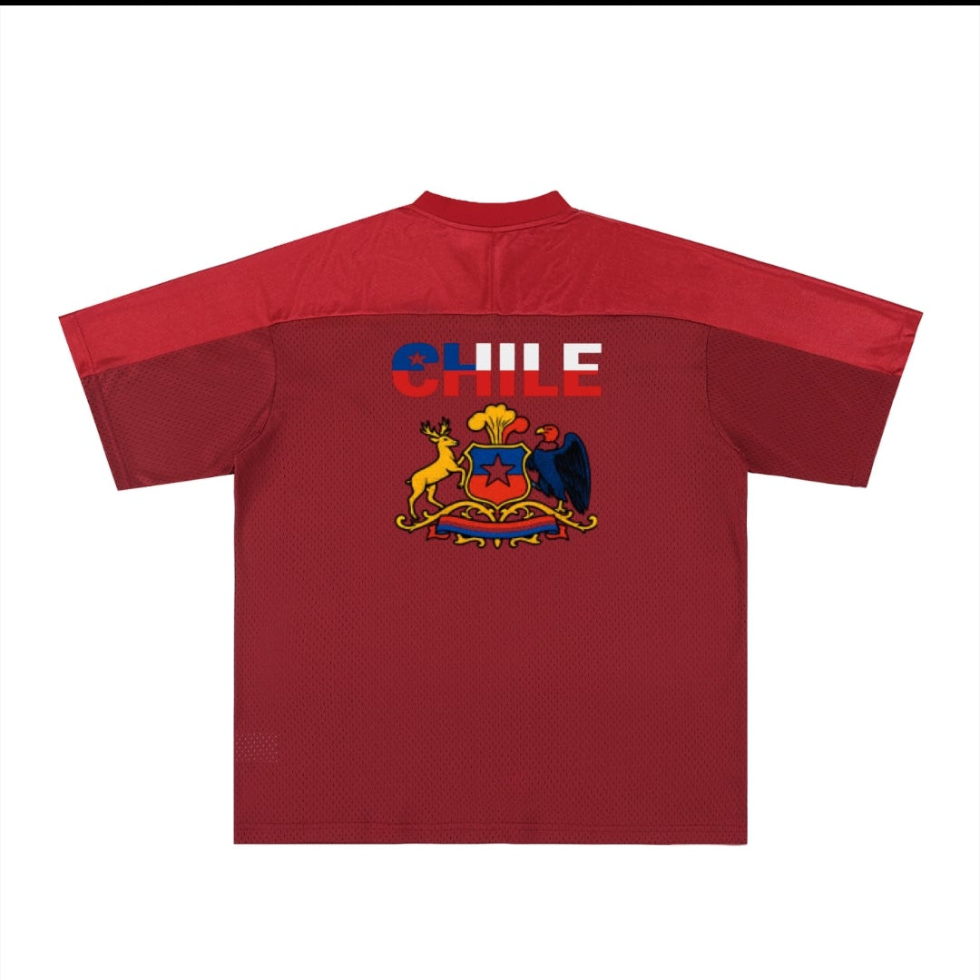 Chile Flag Themed Graphic Mesh V-Neck Soccer Jersey