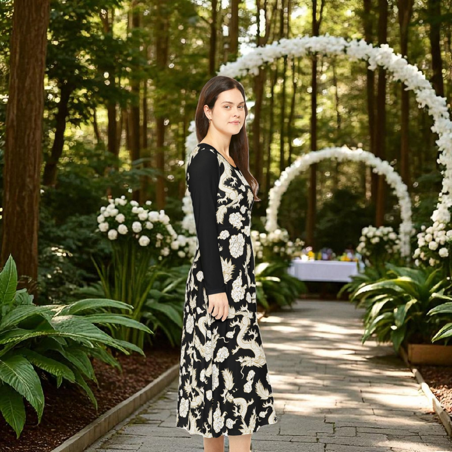 Beautiful Dragon Long Sleeve Dance Dress | Boho Style, Dance Wear, Vintage Inspired, Garden Party Dress, Mother’s Day Gift