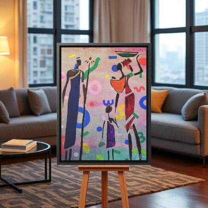 Tribal African Family Sketch - Handcrafted Wall Art, Authentic Home Decoration, Vertical Frame