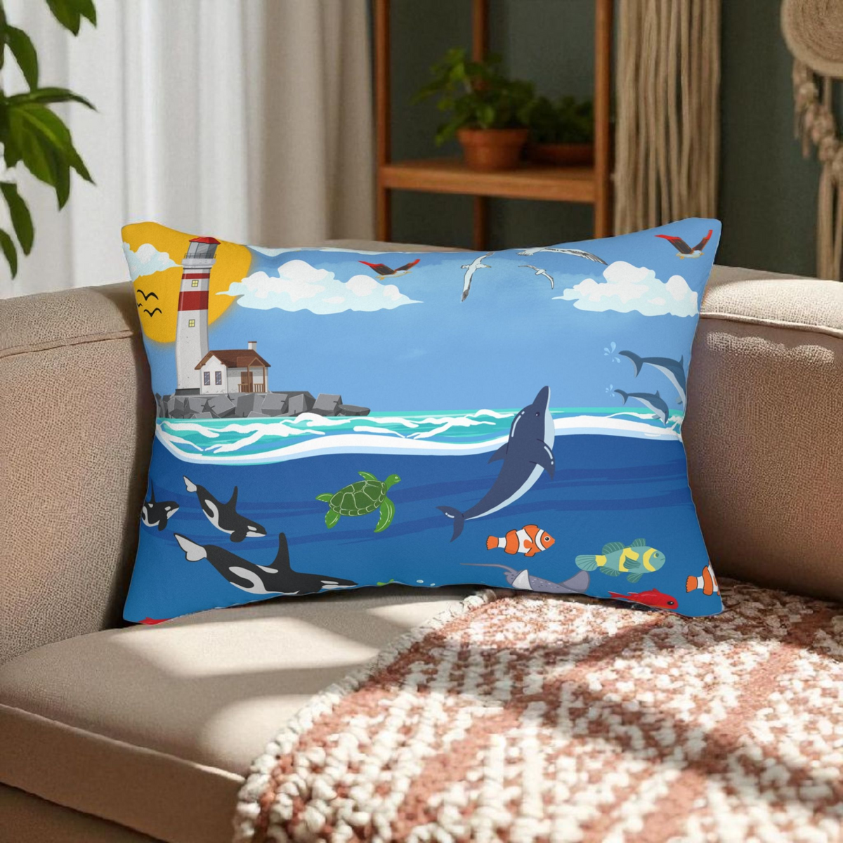 Ocean Adventure Lumbar Pillow - Nautical Marine Decor for Home Printify