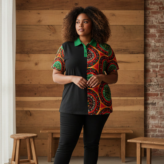 African Mandala Print Polo — Half-Panel Geo Pattern Golf Shirt