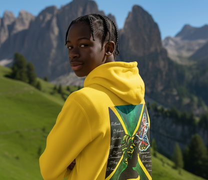 Illustrated Jamaican Woman Ethnic Streetwear Full Zip Hoodie, Jamaican Flag Colors