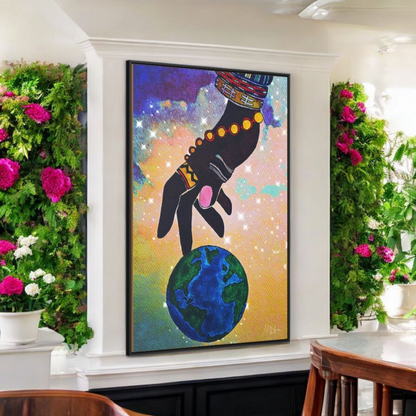 Cosmic Ethnic Wall Art - Handcrafted Astronomical Painting, Unique Space-Themed Decor, Vertica Frame