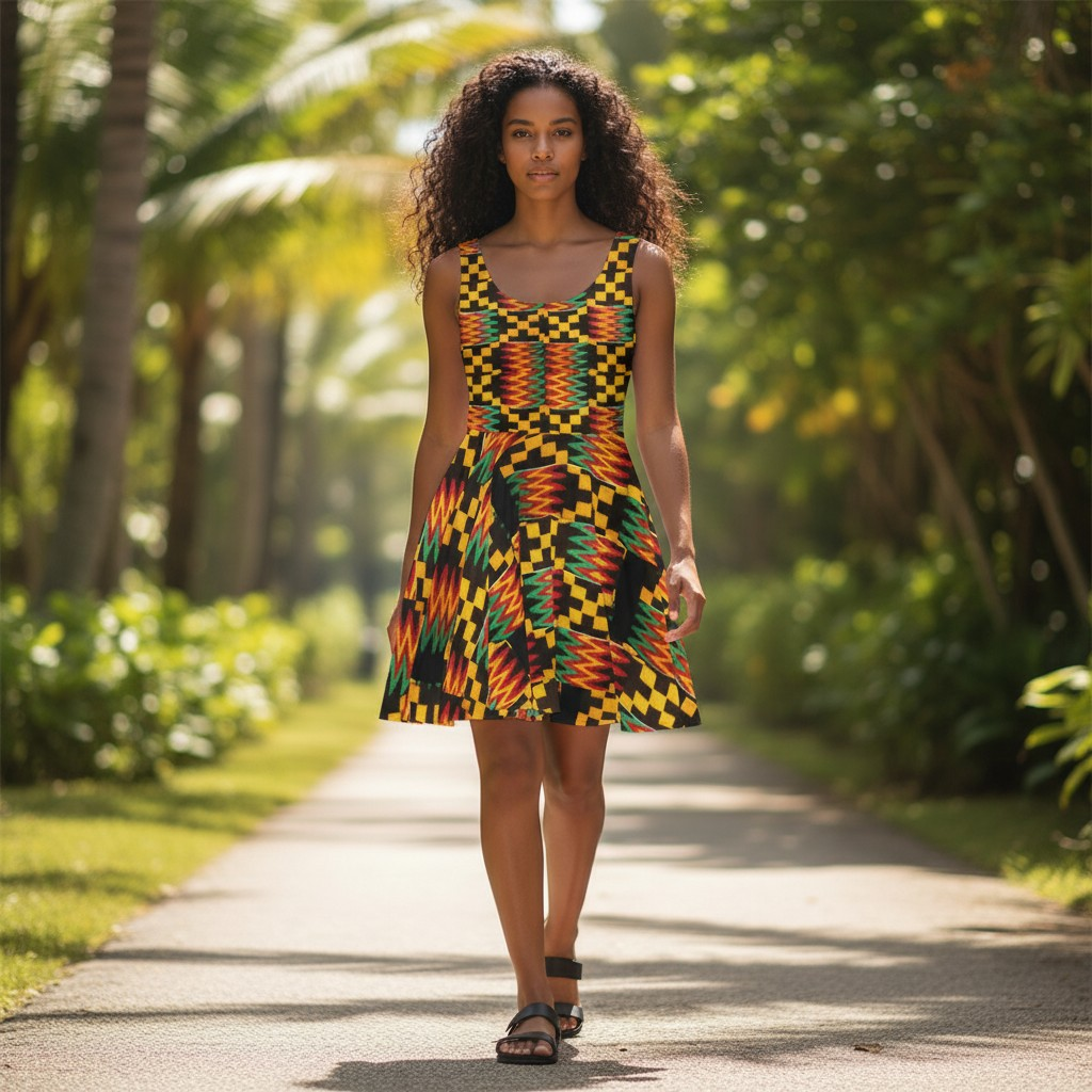 Kente Print Skater Dress — African-Inspired Bold Pattern Sundress