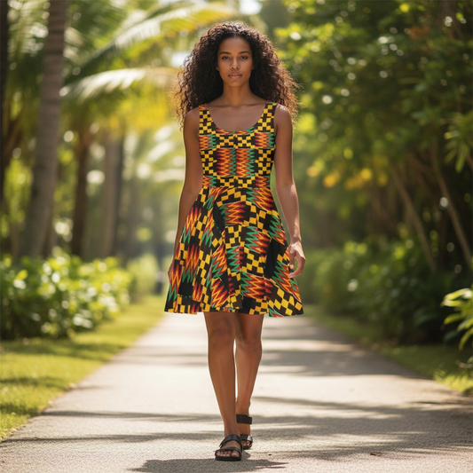 Kente Print Skater Dress — African-Inspired Bold Pattern Sundress